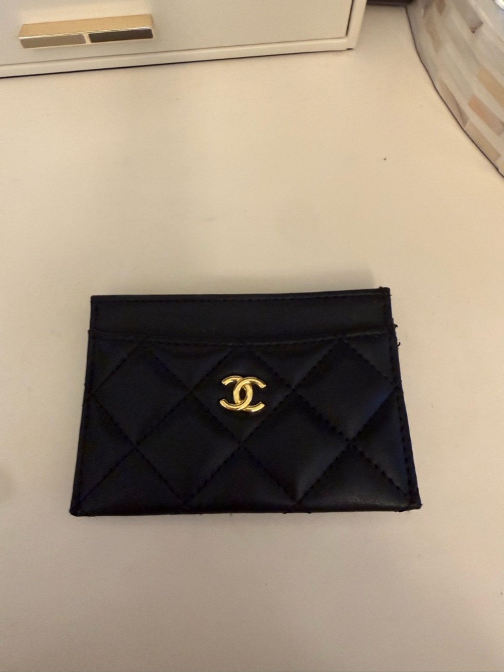 Black Quilted Card Case with Gold CC Emblem